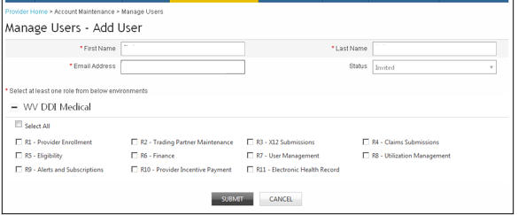 Manage Users - Add User with First Name, Last Name, Email Address, Invited status, medical role checkboxes, SUBMIT and CANCEL