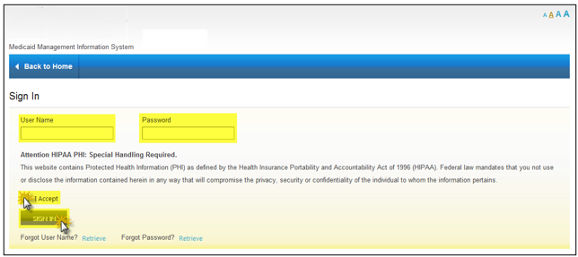 Sign In fields for User Name and Password, I Accept, SIGN IN and recovery links