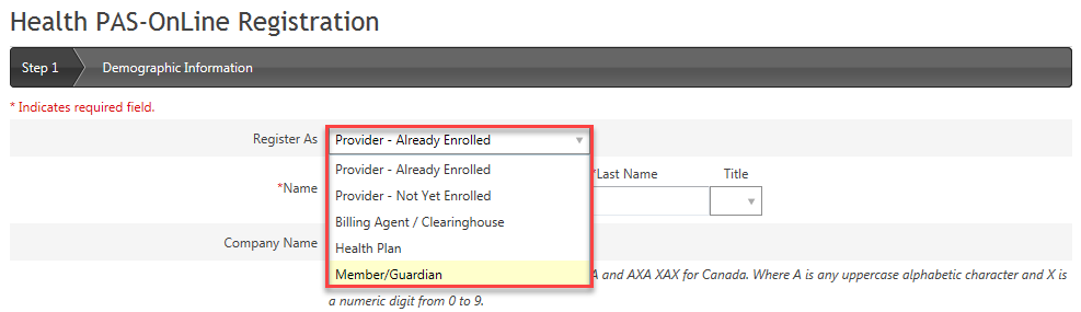 Health PAS-OnLine Registration with Register As options Provider - Already Enrolled, Provider - Not Yet Enrolled, Billing Agent / Clearinghouse, Health Plan and Member/Guardian