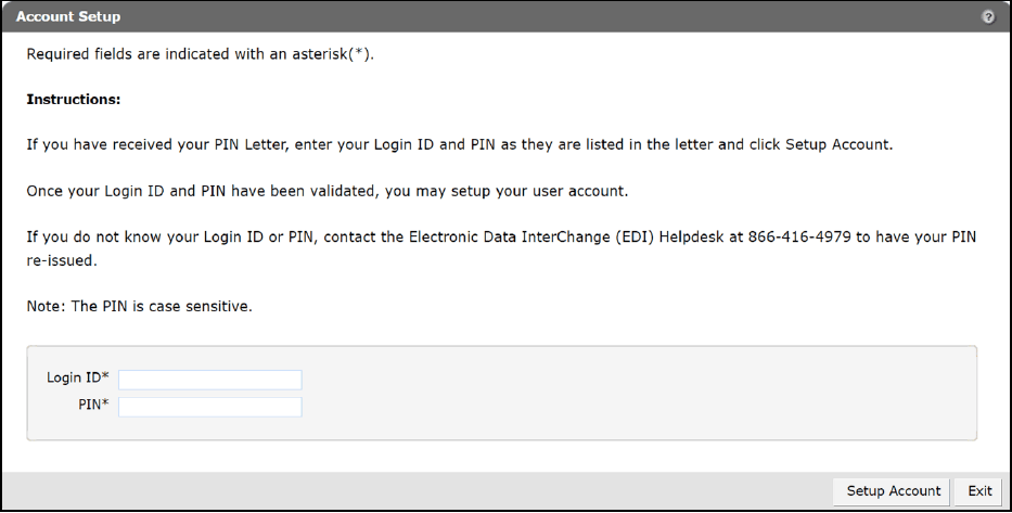 Account Setup: enter the full Login ID and mailed PIN, then select Setup Account