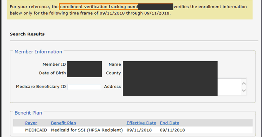 Redacted example Enrollment Verification response with tracking number, member information and Benefit Plan panel
