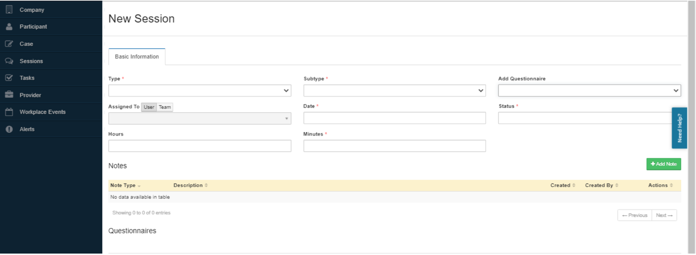 UCMS New Session form with required Type, Date, Status and Add Questionnaire controls.