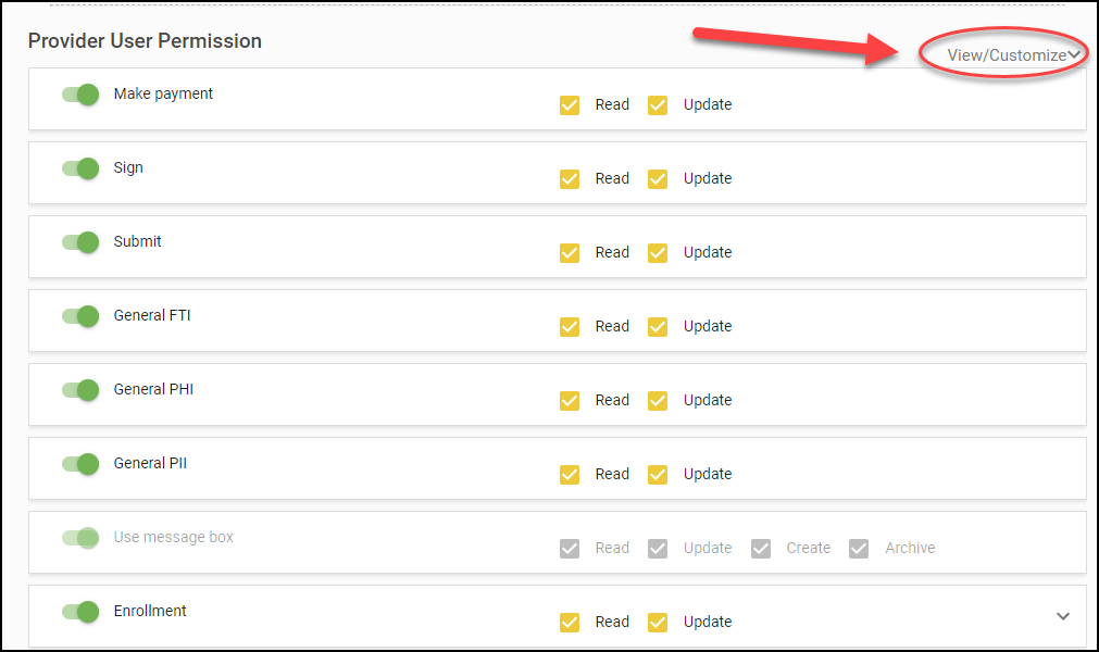 Provider User Permission panel with View/Customize, permission toggles and Read and Update checkboxes