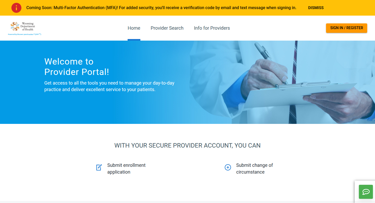 Wyoming DyP Provider Portal public page showing Sign In or Register and Submit change of circumstance