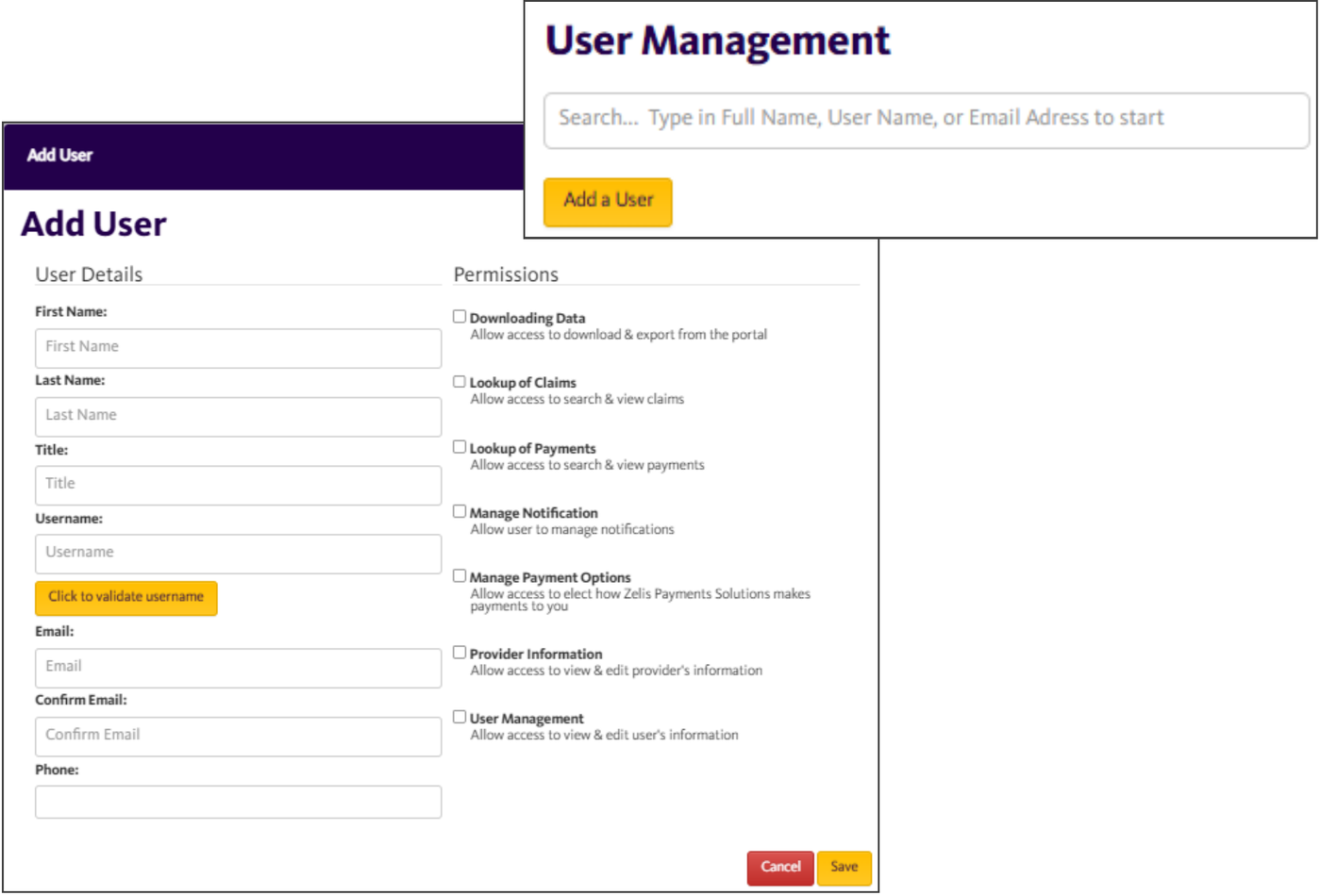 User Management: Add a User, blank user details, permission checkboxes, Cancel and Save.