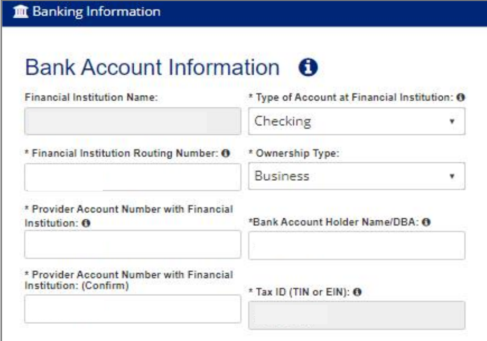 Bank Account Information: financial institution, routing and account number fields, Checking account type, Business ownership, bank account holder and Tax ID.