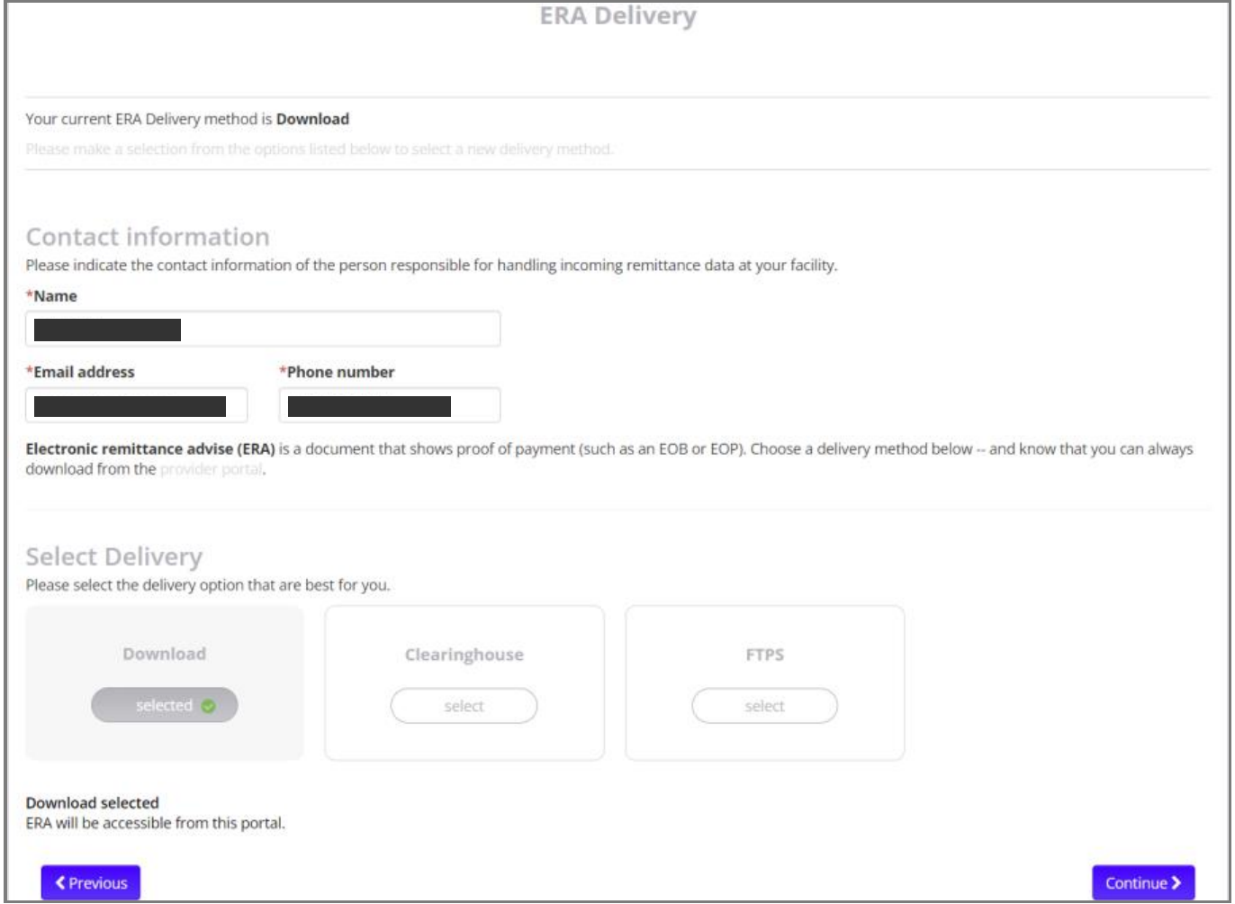 ERA Delivery: covered contact values, Download selected, Clearinghouse and FTPS options, Previous and Continue.